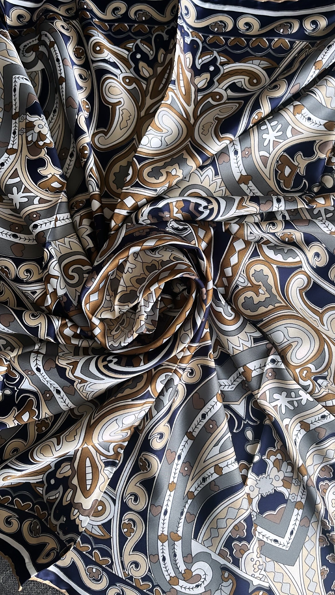 Beautiful print silk satin scarf bronze