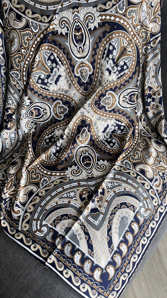 Beautiful print silk satin scarf bronze