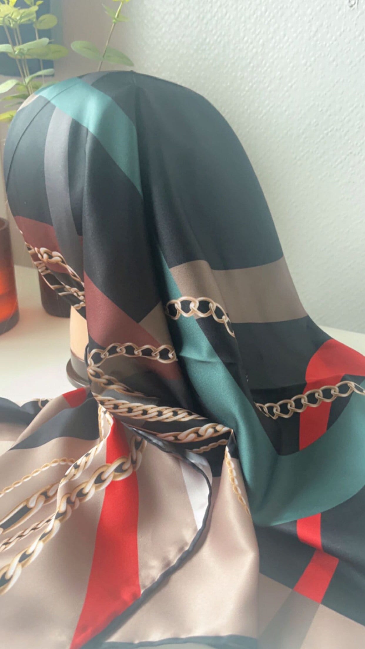 Soft silky satin scarf with gold chain print 5 colours