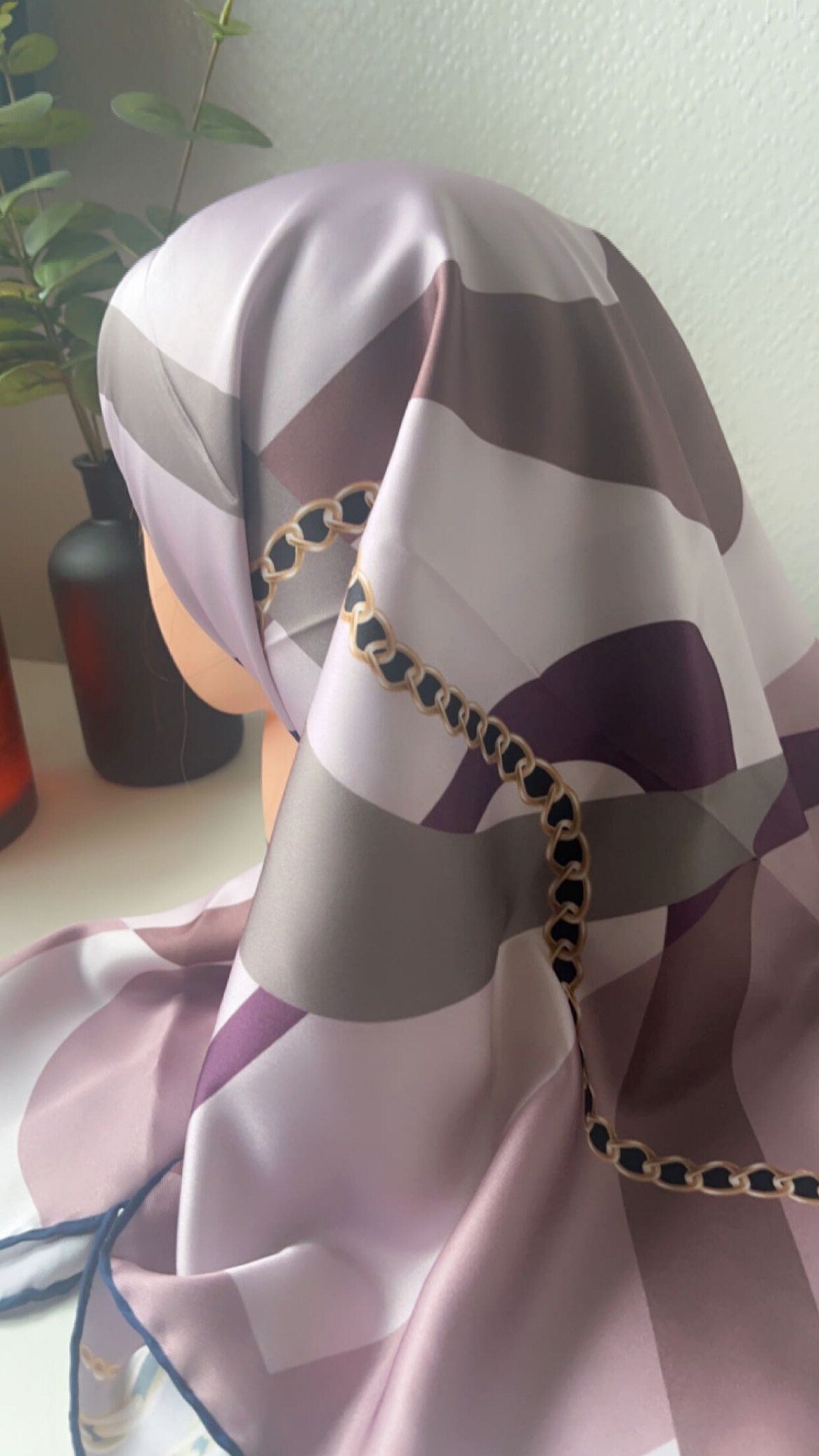 Soft silky satin scarf with gold chain print 5 colours
