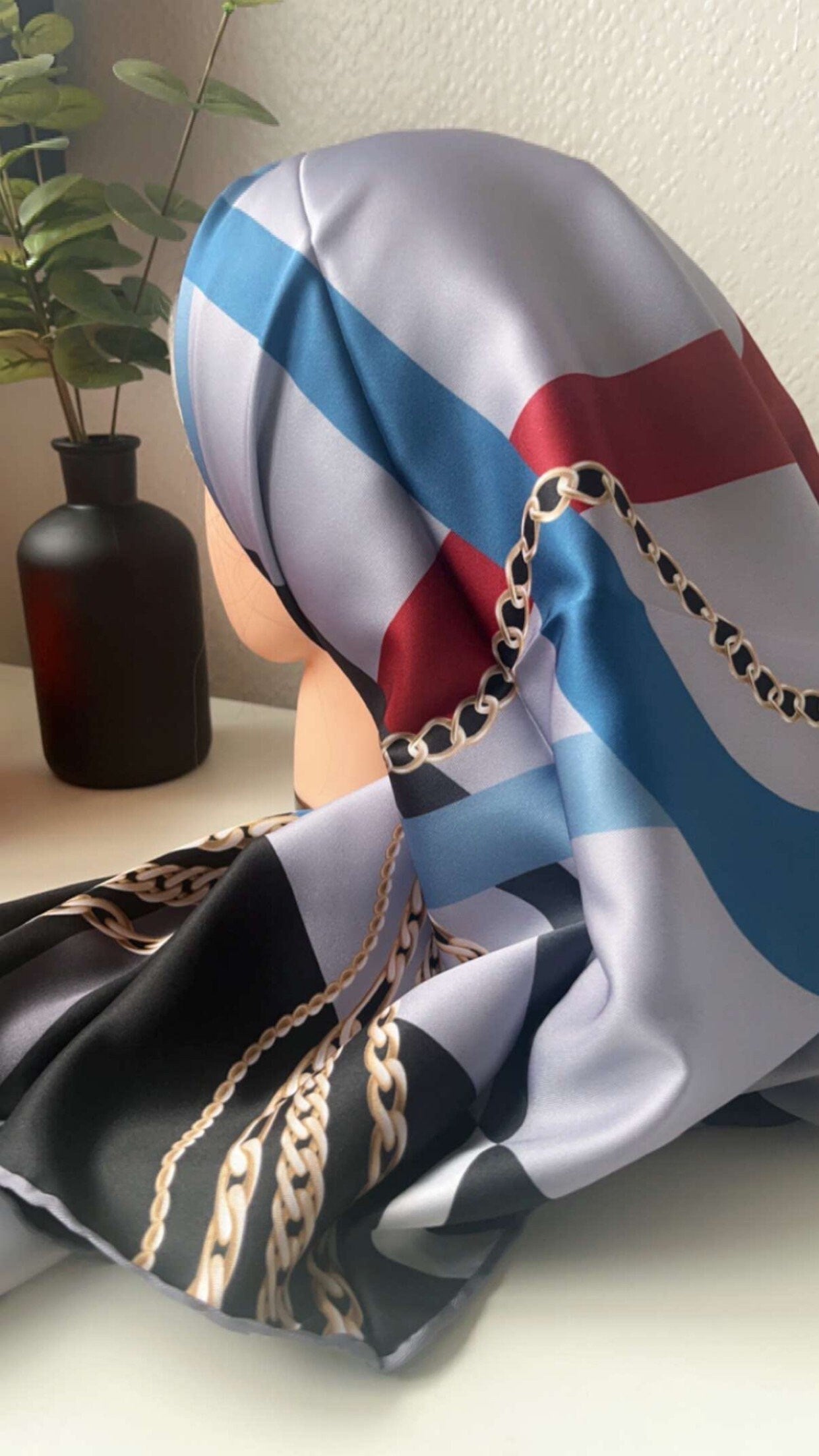 Soft silky satin scarf with gold chain print 5 colours