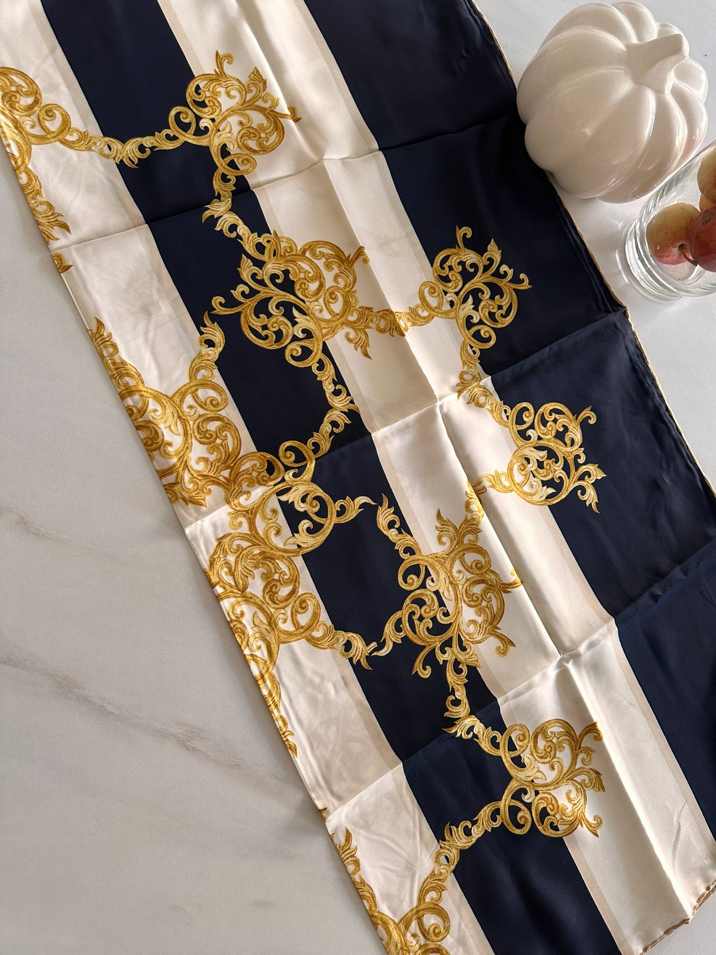 Sailor print blue and hit silk satin scarf with gold anchor